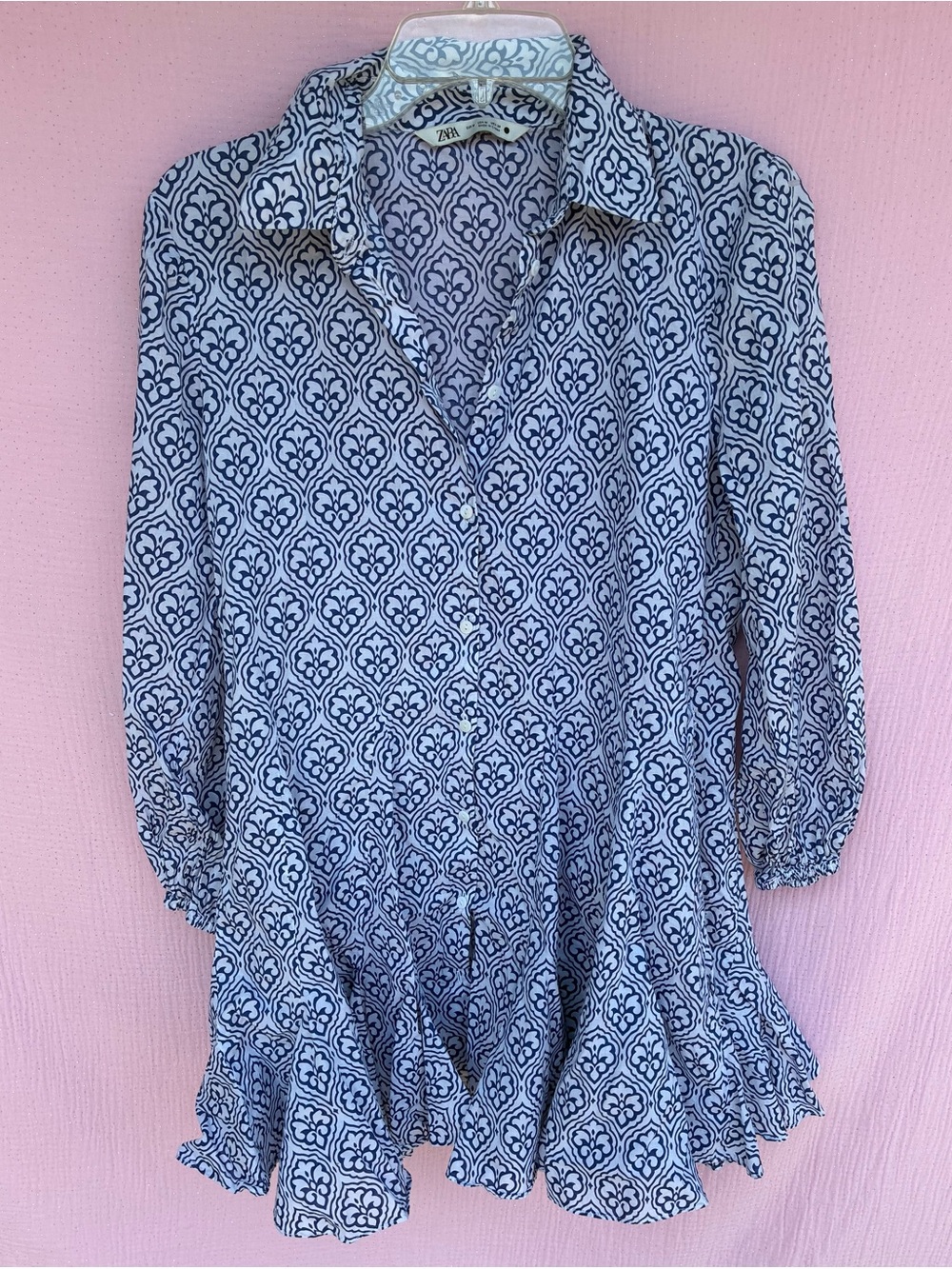 Zara Blue & White Damask Print Button Front Mini Shirt Dress Medium